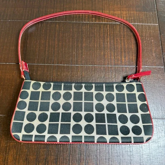Y2K Baguette Shoulder Bag Black White Geometric Print Red Trim Mini Purse - Picture 9 of 12